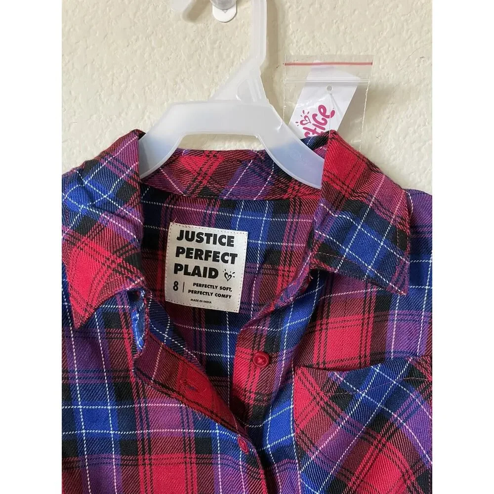Justice Ladybug Red Perfect Plaid Button Up Collared Long Sleeve Shirt Size 8